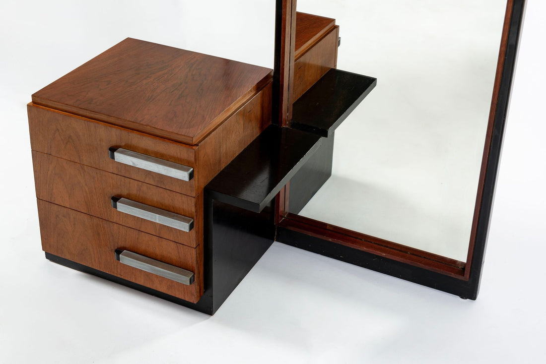 Antique Art Deco Wood Vanity Mirror & Stool by Donald Deskey for Widdicomb 1930s