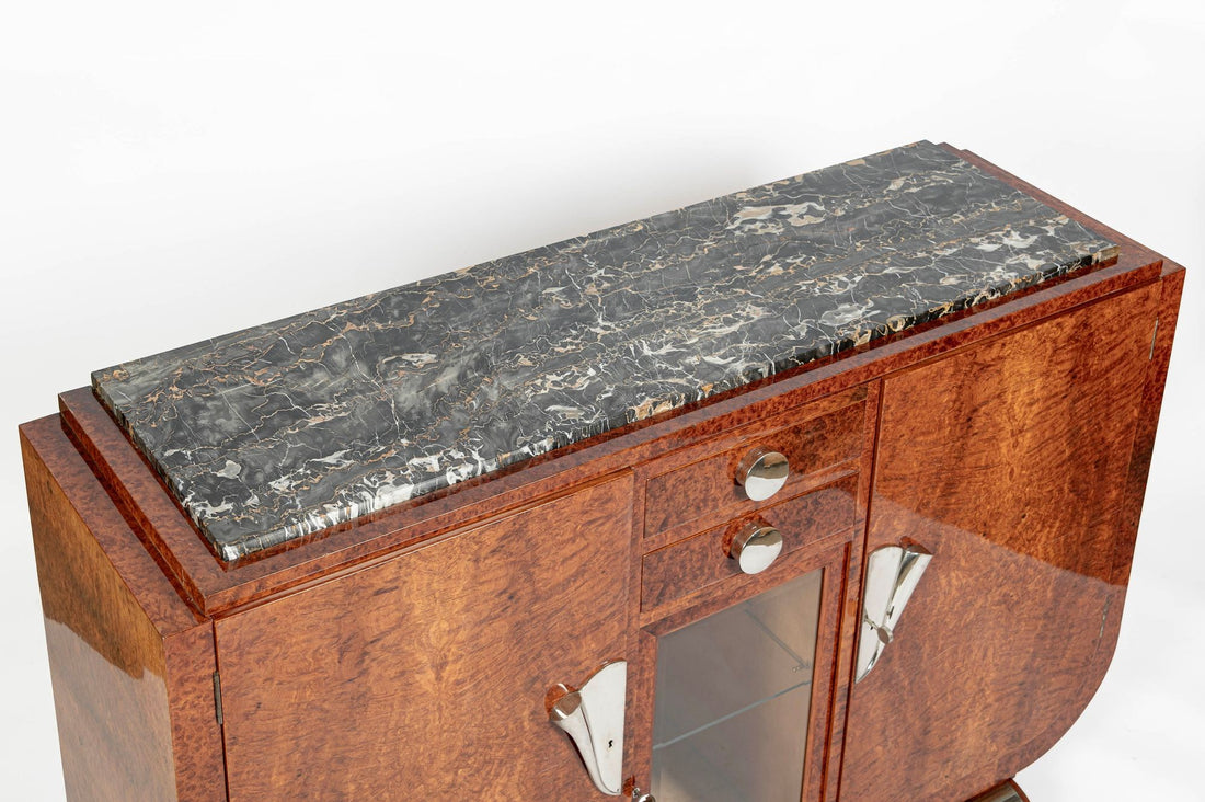 French Art Deco Amboyna Burl Sideboard or Bar Cabinet with Marble Top, Circa 1930