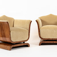 1930s Antique French Art Deco Mohair & Burl Wood Lounge Chairs