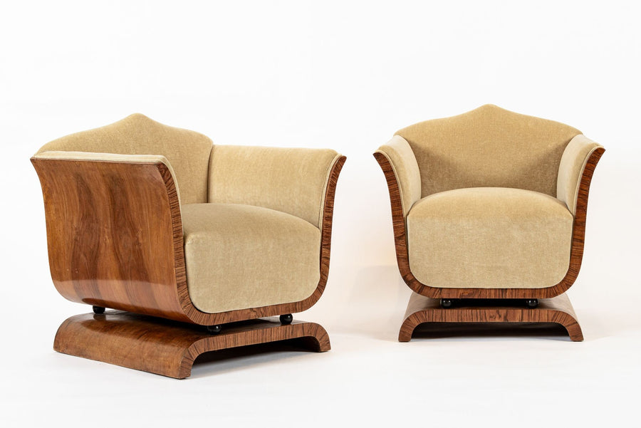 1930s Antique French Art Deco Mohair & Burl Wood Lounge Chairs