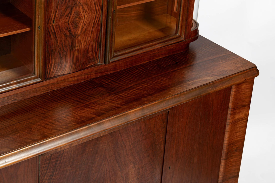 Art Deco Figured Walnut Sideboard Buffet or Bar Cabinet with Vitrine, circa 1930