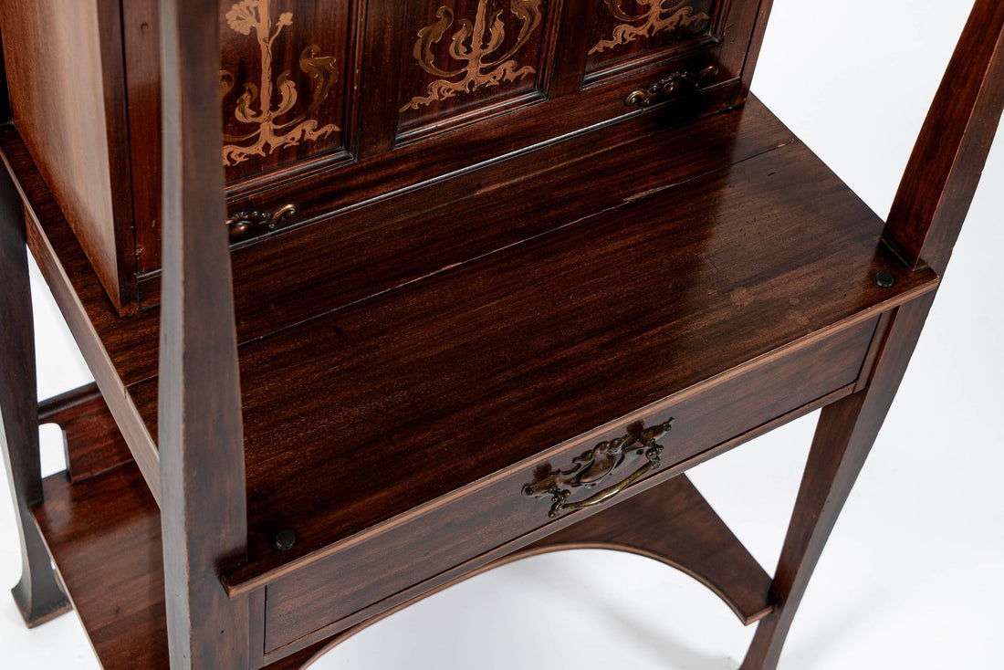 Antique Art Nouveau Scottish Mahogany Floral Secretary Cabinet