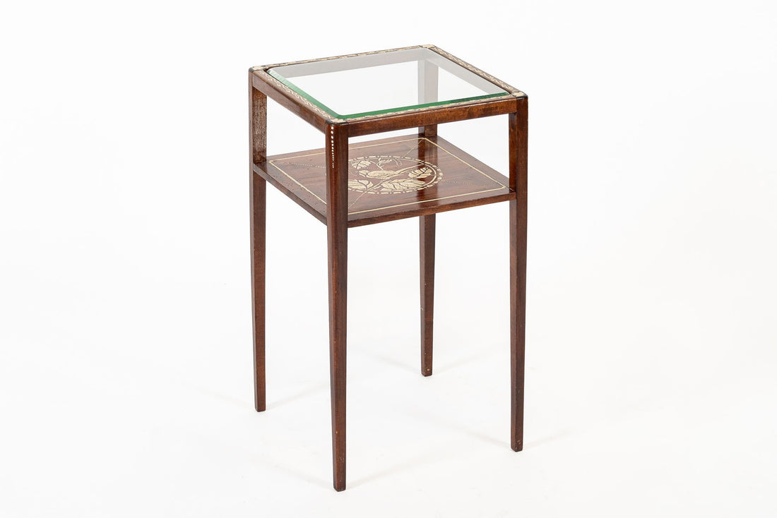 Antique French Art Nouveau Small Handpainted Mahogany Wood & Glass Side Table