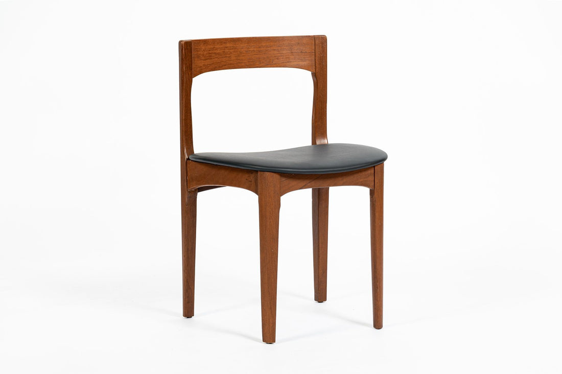 Mid Century Danish Teak Wood & Black Vinyl Dining Chairs, Set of 4