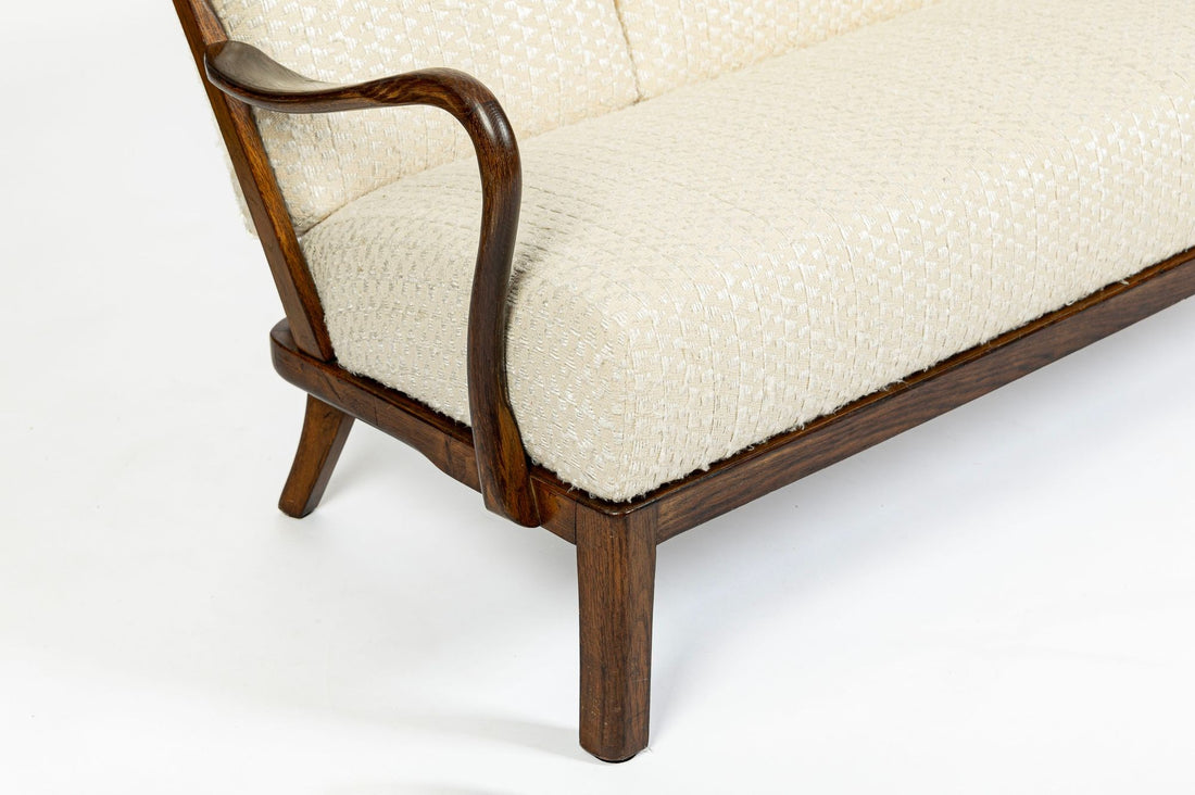 Danish Modern Solid Walnut Spindle Back Sofa in Schumacher Fabric, Circa 1960