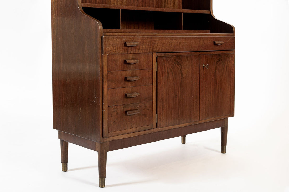 Mid Century Danish Walnut Wood Pull-Out Secretary Desk & Bookcase