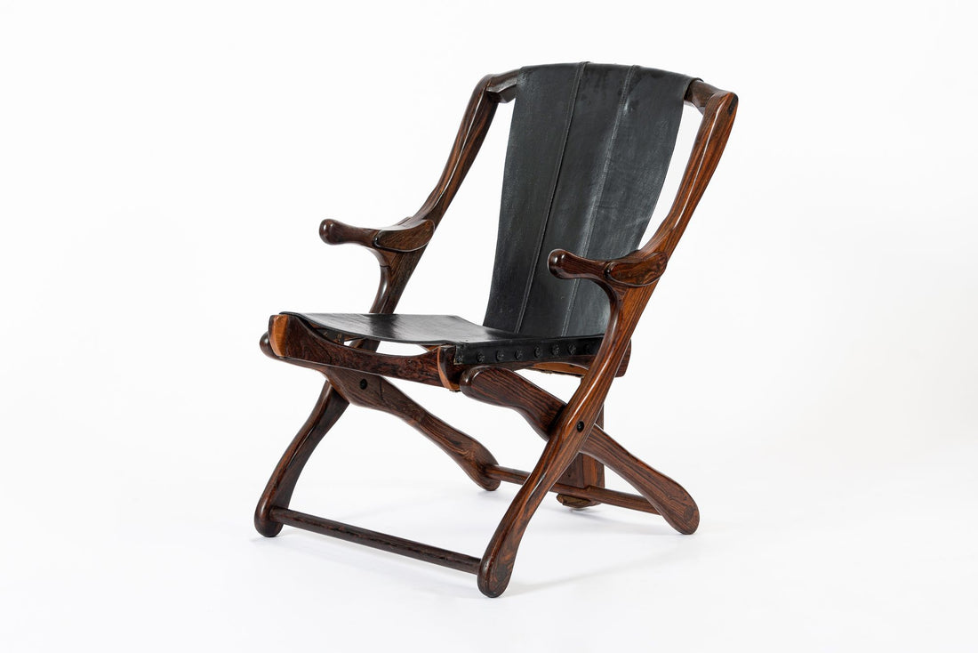 Mid Century Rosewood & Black Leather Folding Lounge Chair by Don Shoemaker