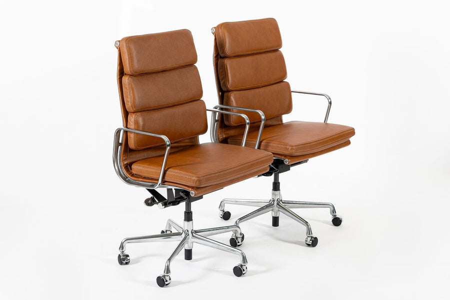Pair Herman Miller Eames Tall Brown Leather Desk Chair Soft Pad
