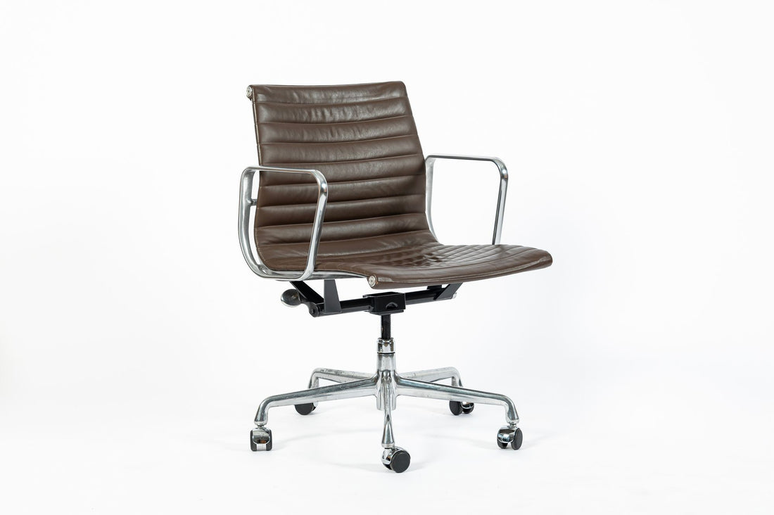 Eames Herman Miller Brown Leather Aluminum Group Thin Pad Desk Chair, 2008