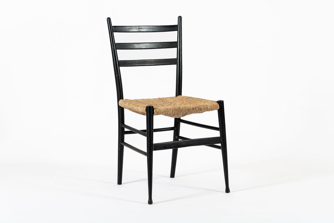 Vintage Mid Century Black Wood and Rush Wicker Dining Chair