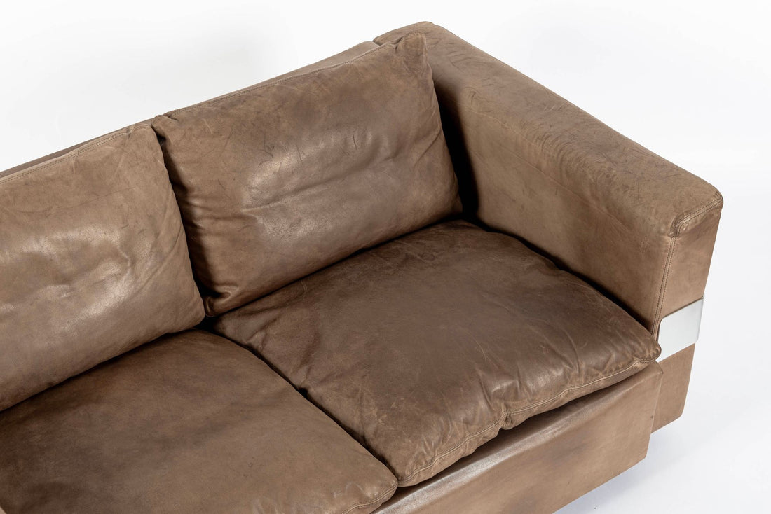 Mid Century German Distressed Brown Leather Sofa in the Style of Robert Haussmann