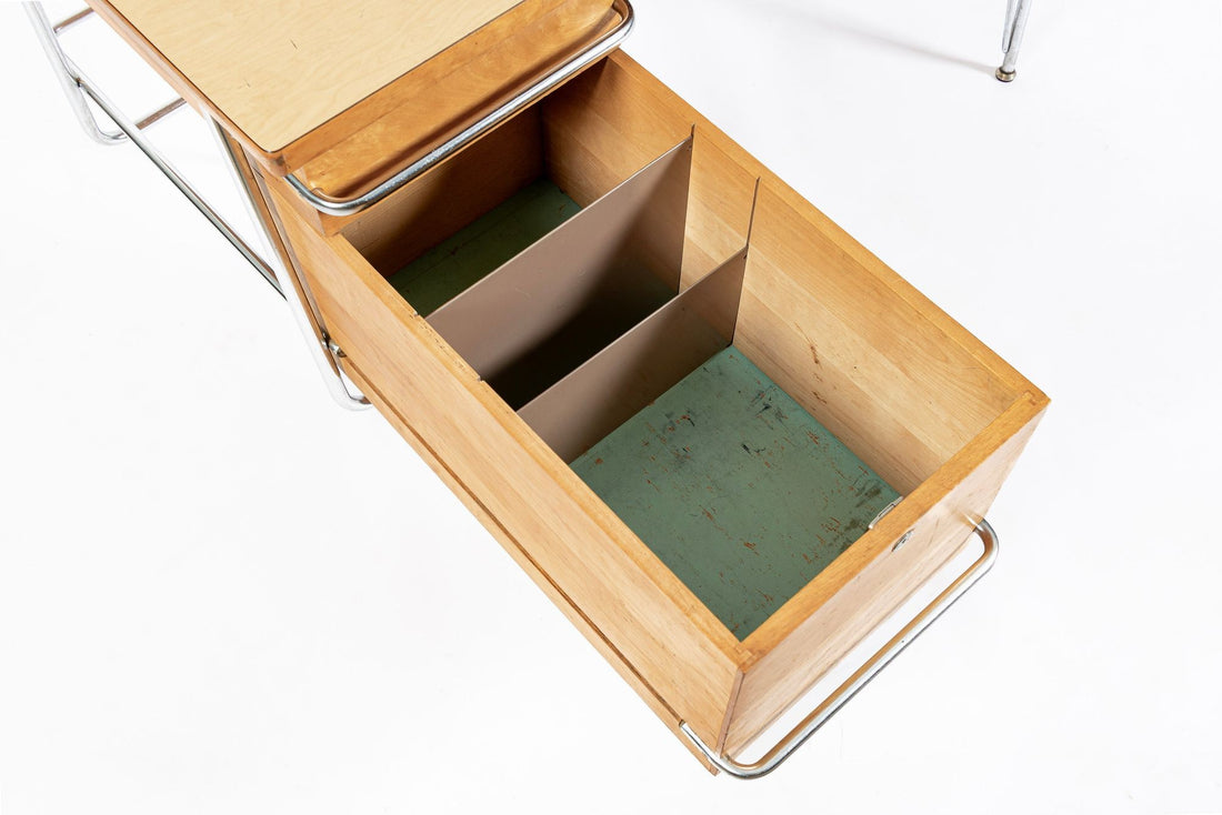 Kem Weber Trimline Desk for Heywood Wakefield, Mid Century Modern Birch and Chrome Office Desk, 1950s