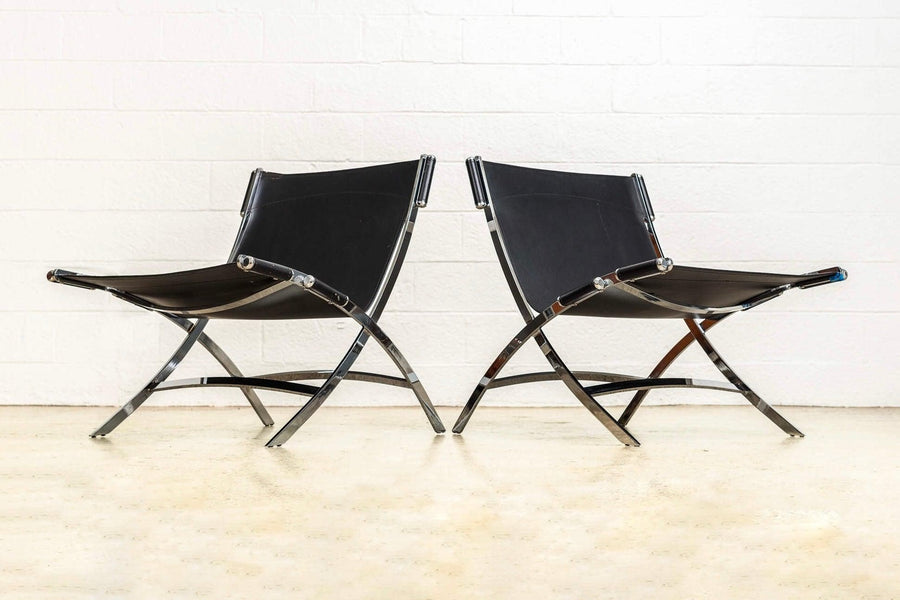 Vintage Postmodern Black Leather and Chrome Lounge Chairs by Antonio Citterio