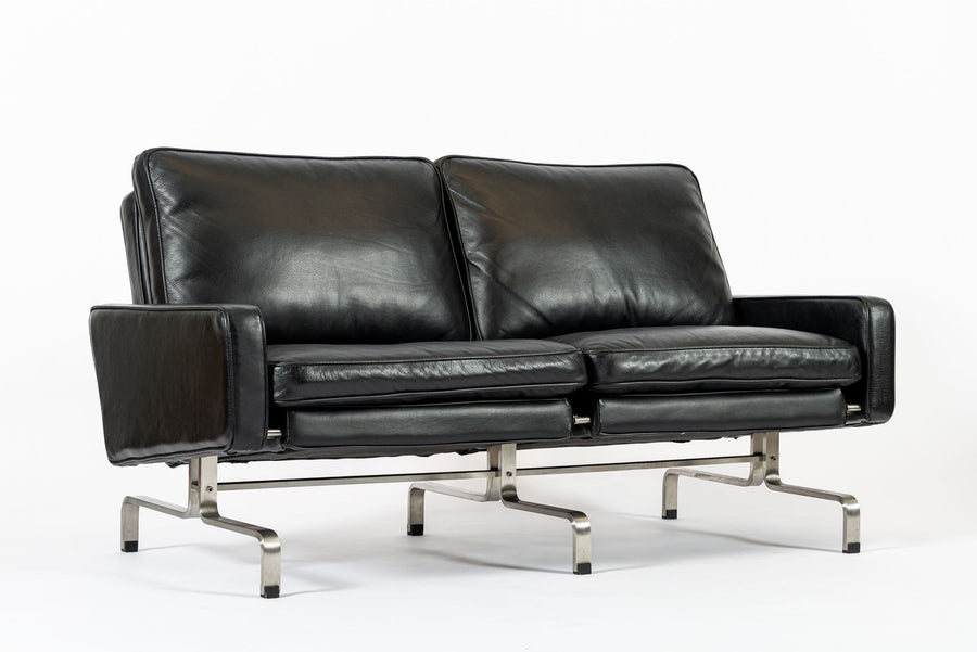 Vintage Postmodern Black Leather & Brushed Steel Loveseat Sofa, 1980s