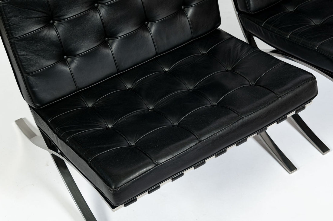 Pair Mid Century Black Leather Barcelona Chairs by Mies van der Rohe for Knoll, 1977