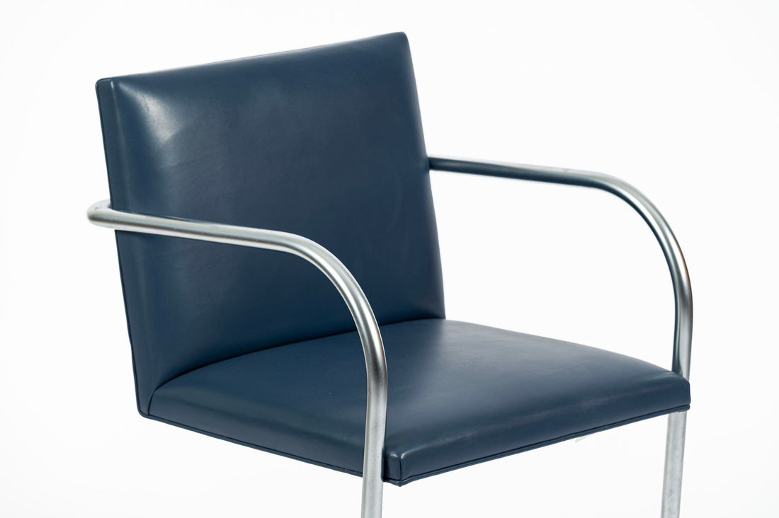Mid Century Modern Blue Leather Brno Arm Chairs by Mies van der Rohe for Knoll, Set of 4