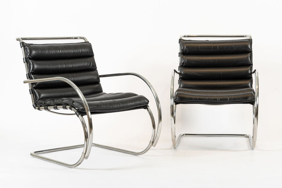 Mid Century MR Black Leather Arm Chairs by Mies van der Rohe for Knoll