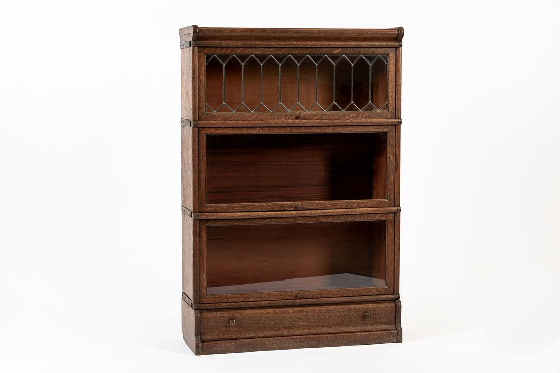 Antique Three Shelf Wood Barrister Bookcase Cabinet with Leaded Glass