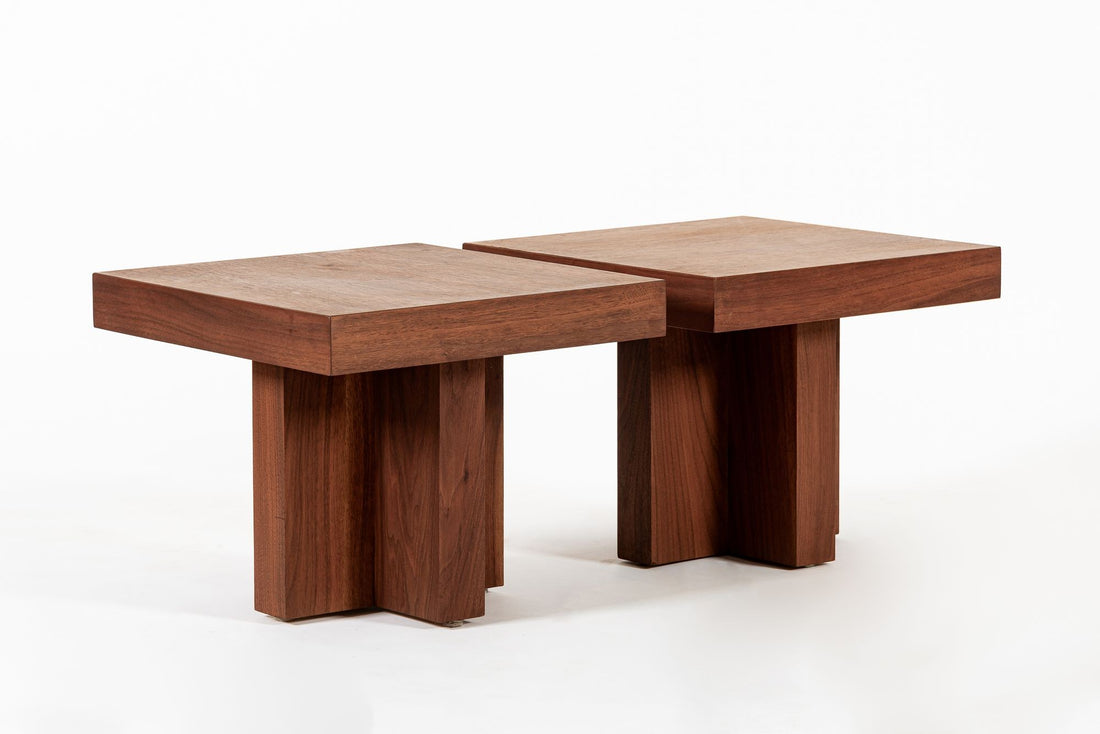 Mid Century Walnut Wood Side Tables Milo Baughman Style 1970s