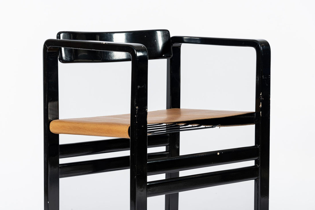 Mid Century Modern Black Lacquer and Brown Leather Arm Chairs 1970s