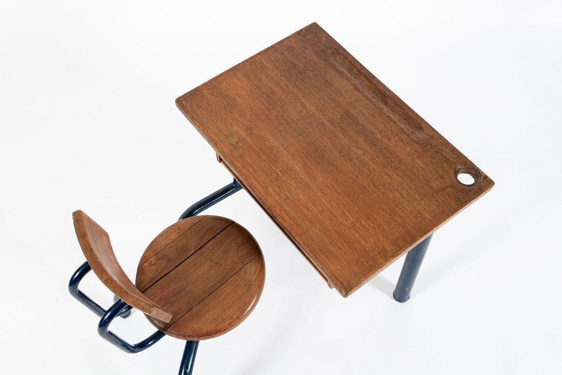 Vintage Antique Wood & Metal Child’s School Desk and Chair in the Style of Jean Prouvé