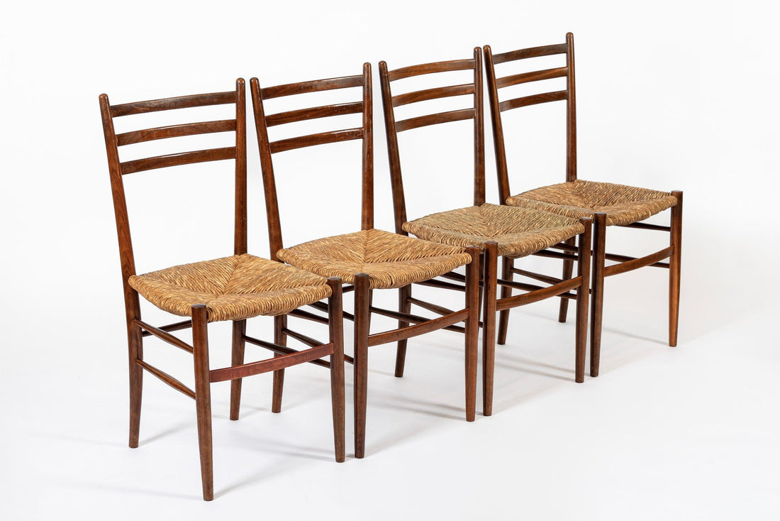 Vintage Rustic Modern Wood and Rush Wicker Dining Chairs, Set of 4