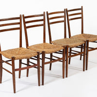 Vintage Rustic Modern Wood and Rush Wicker Dining Chairs, Set of 4