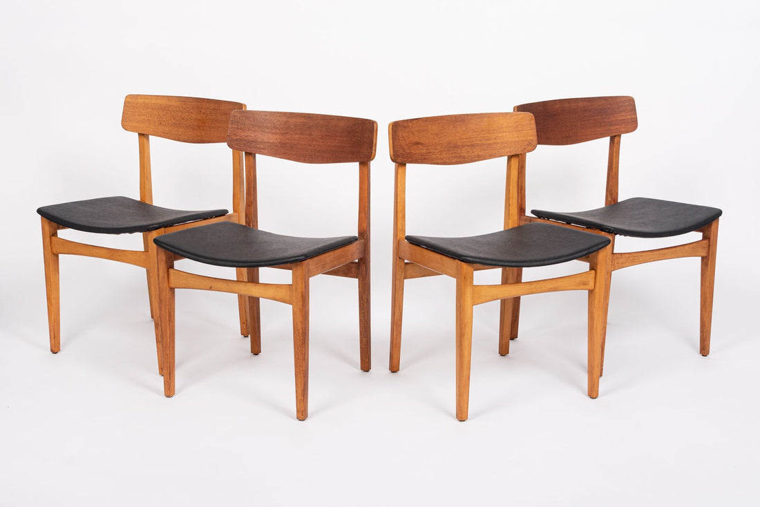 Mid Century Danish Teak Wood & Black Vinyl Dining Chairs