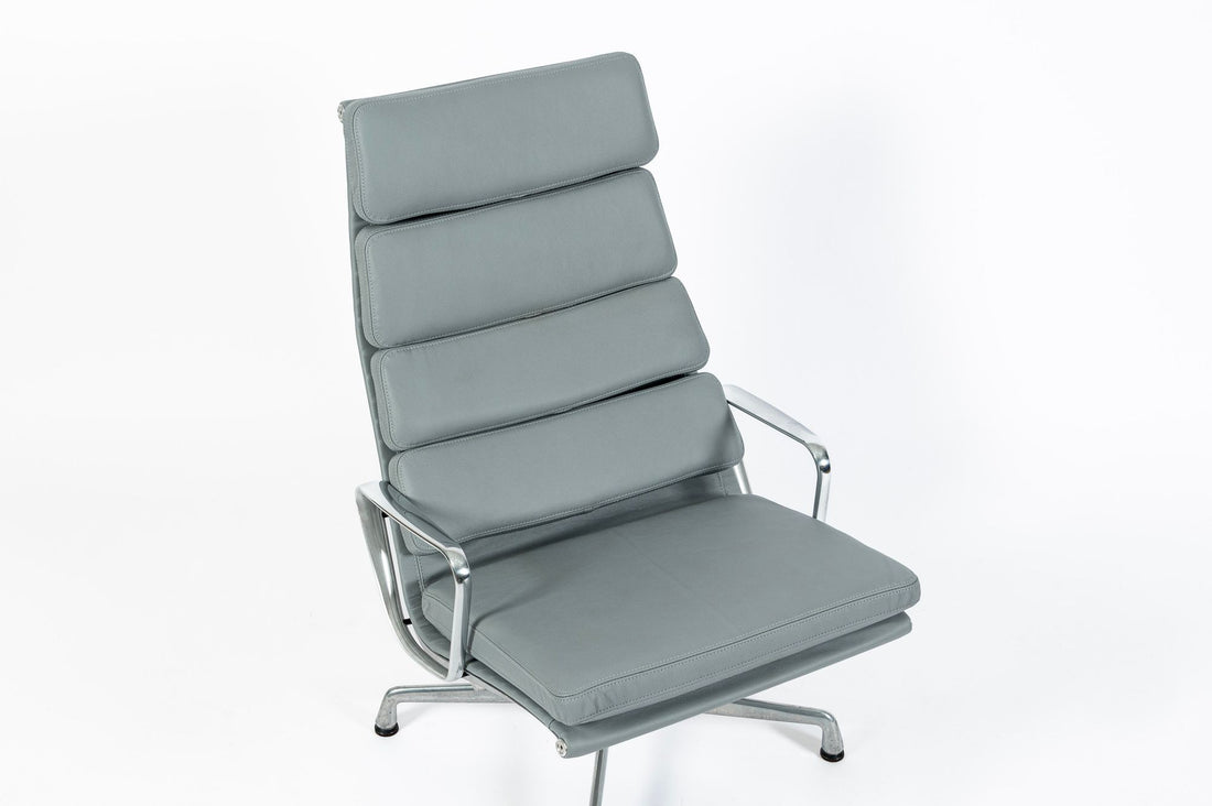 Eames Soft Pad Recliner with Ottoman for Herman Miller, Gray Leather Aluminum Group