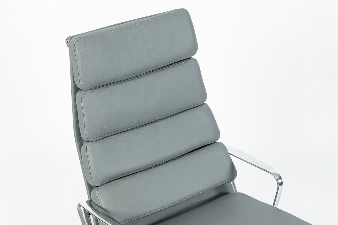 Eames Soft Pad Recliner for Herman Miller, Gray Leather Aluminum Group Lounge Chair