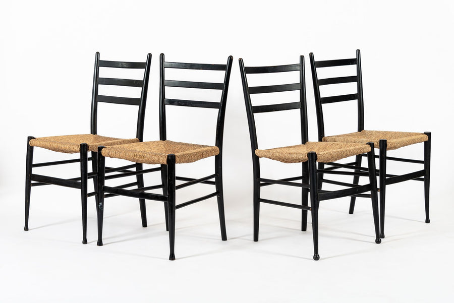 Vintage Mid Century Black Wood and Rush Wicker Dining Chairs