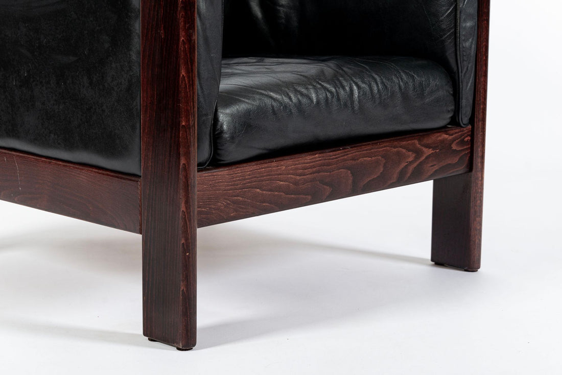 Mid Century Danish Black Leather Lounge Chair in Style of Arne Norell, Matching Sofa