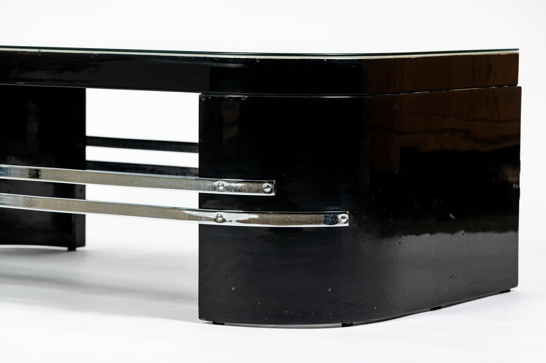 Art Deco Coffee Table in Black Lacquer and Metal Leaf, circa 1935