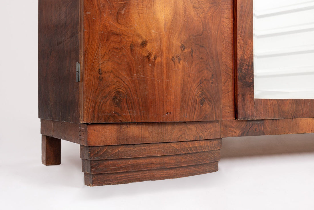 Antique Art Deco Burl Wood Mirrored Armoire Cabinet, 1930s