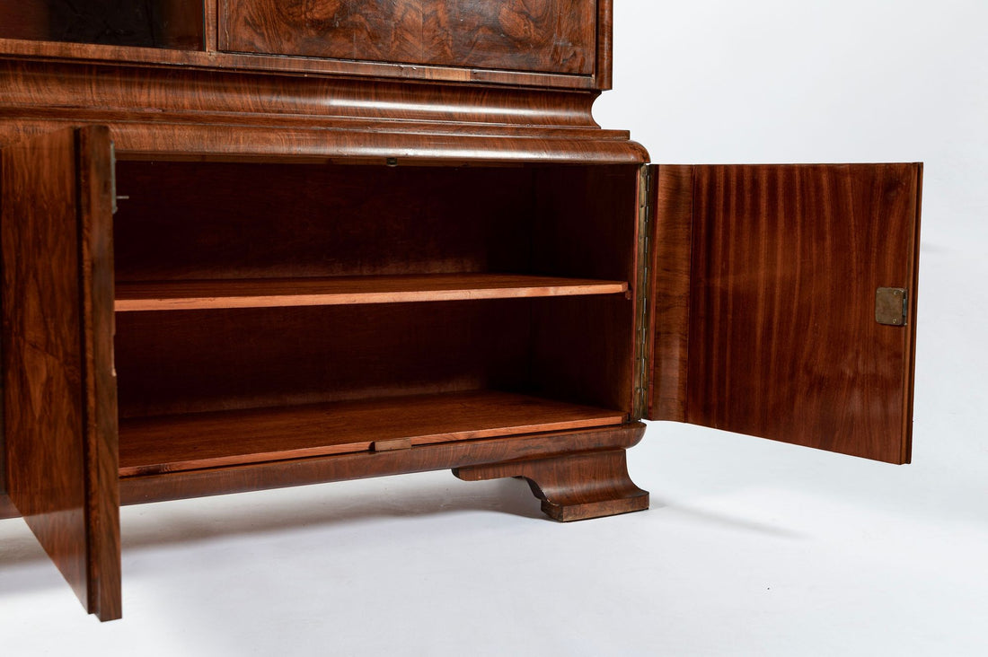 Antique Art Deco Burl Wood China Cabinet or Bar Cabinet with Drop-down Tabletop 1930s