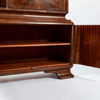 Antique Art Deco Burl Wood China Cabinet or Bar Cabinet with Drop-down Tabletop 1930s