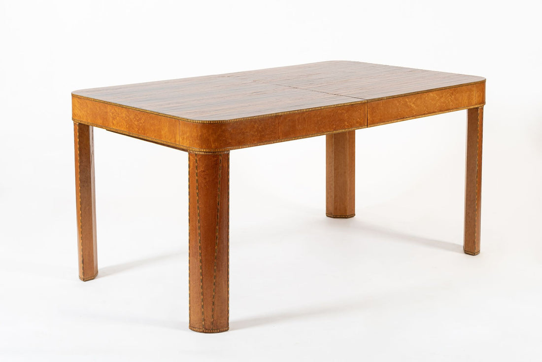 Antique Art Deco Macassar Ebony Wood Dining Table with Glass Top, 1940s