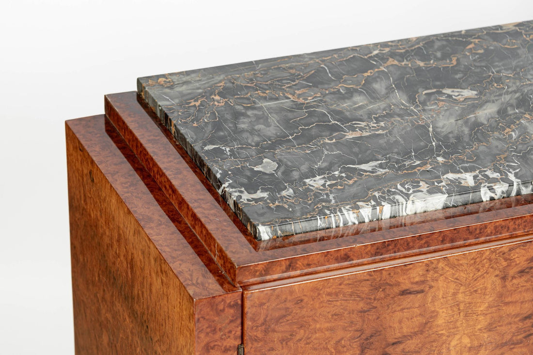 French Art Deco Amboyna Burl Sideboard or Bar Cabinet with Marble Top, Circa 1930