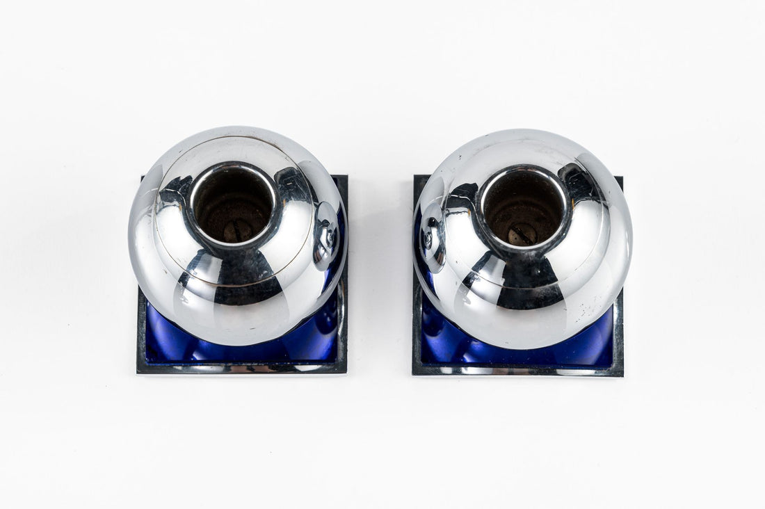 Art Deco Chrome and Cobalt Blue Candleholders by Walter von Nessen for Chase, 1930s