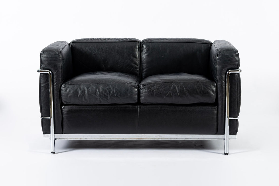 Authentic Cassina LC2 Black Leather Two-Seat Sofa by Le Corbusier 1994