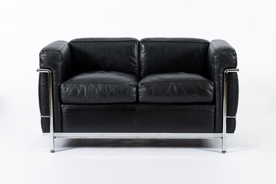 Authentic Cassina LC2 Black Leather Two-Seat Sofa by Le Corbusier 1994