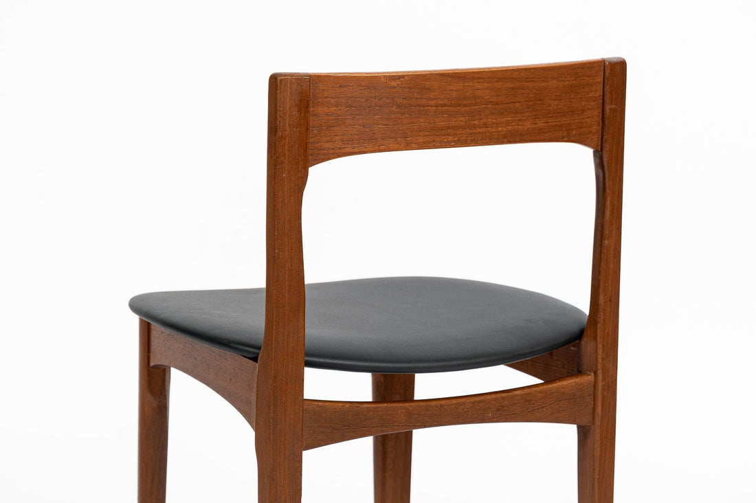 Mid Century Danish Teak Wood & Black Vinyl Dining Chairs, Set of 4