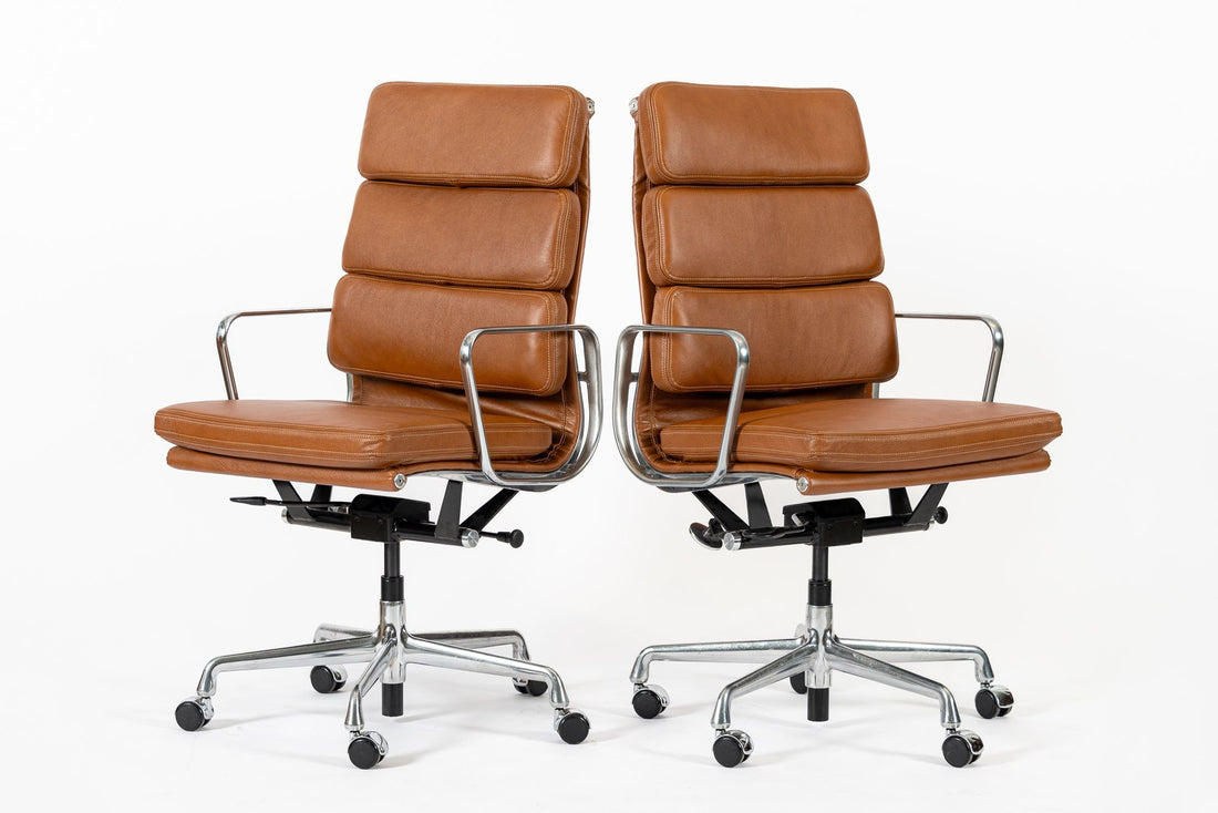 Pair Herman Miller Eames Tall Brown Leather Desk Chair Soft Pad