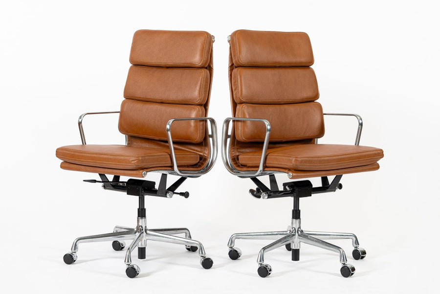 Pair Herman Miller Eames Tall Brown Leather Desk Chair Soft Pad