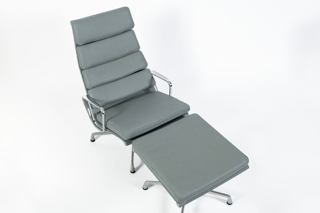Pair Eames Soft Pad Recliners with Ottoman for Herman Miller, Gray Leather Aluminum Group