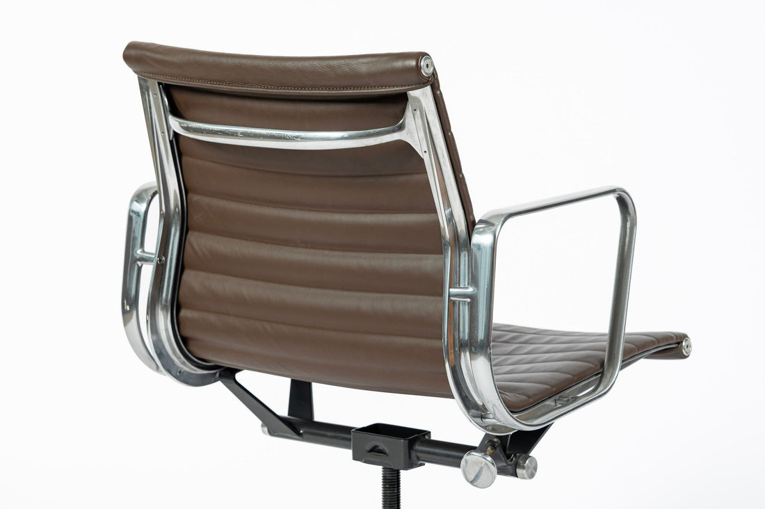 Set of 4 Eames Herman Miller Office Chairs, Brown Leather Thin Pad Aluminum Group