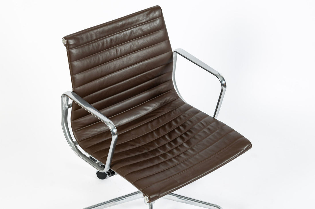 Eames Herman Miller Brown Leather Aluminum Group Thin Pad Desk Chair, 2008