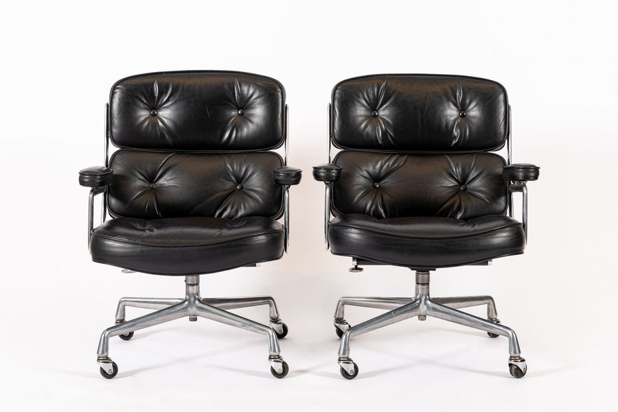 Pair Eames Herman Miller Time Life Black Leather Office Chairs 1980s