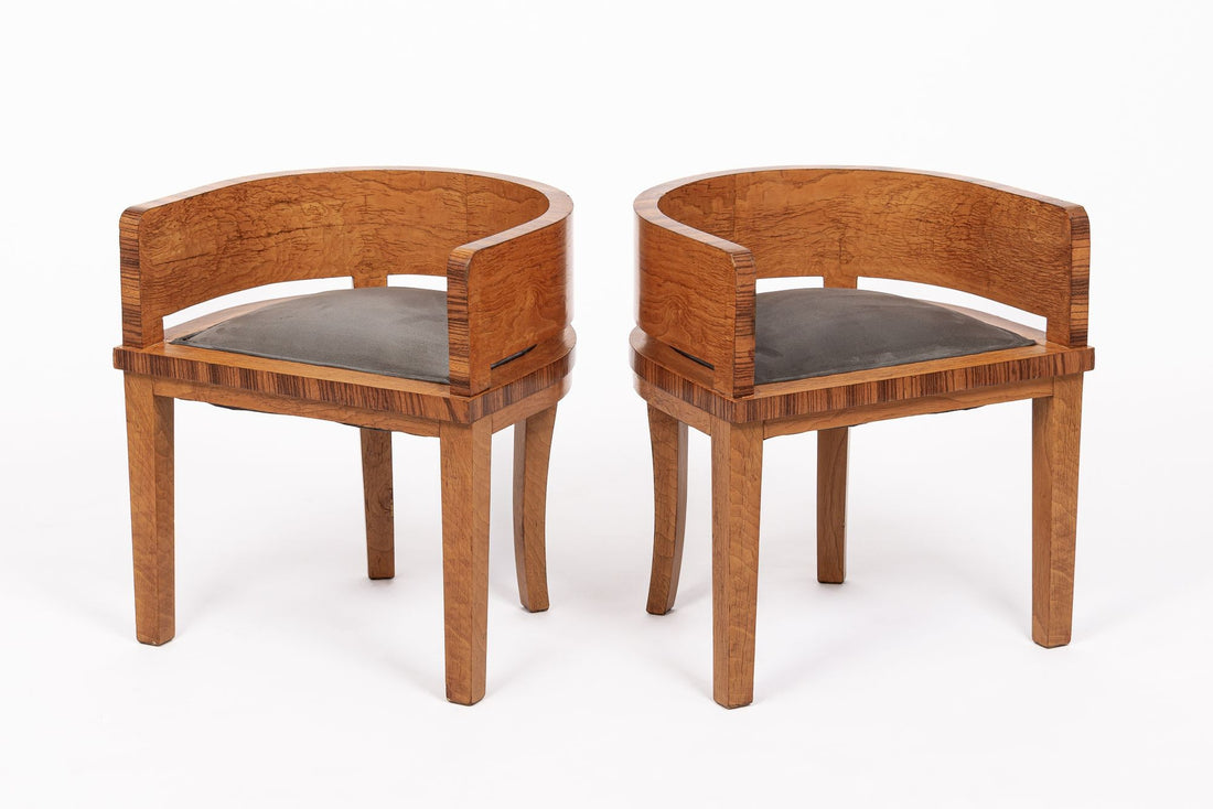 1930s Antique French Art Deco Wood & Gray Suede Demilune Side Chairs