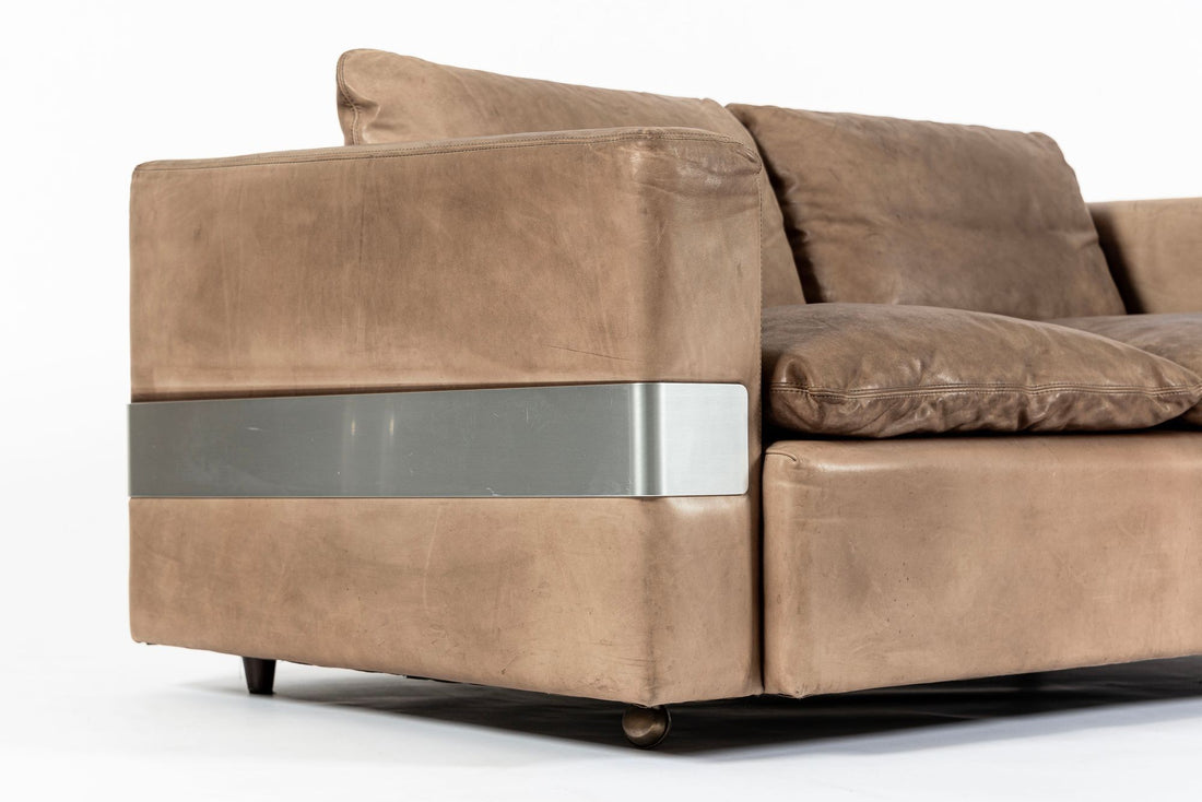 Mid Century German Distressed Brown Leather Sofa in the Style of Robert Haussmann